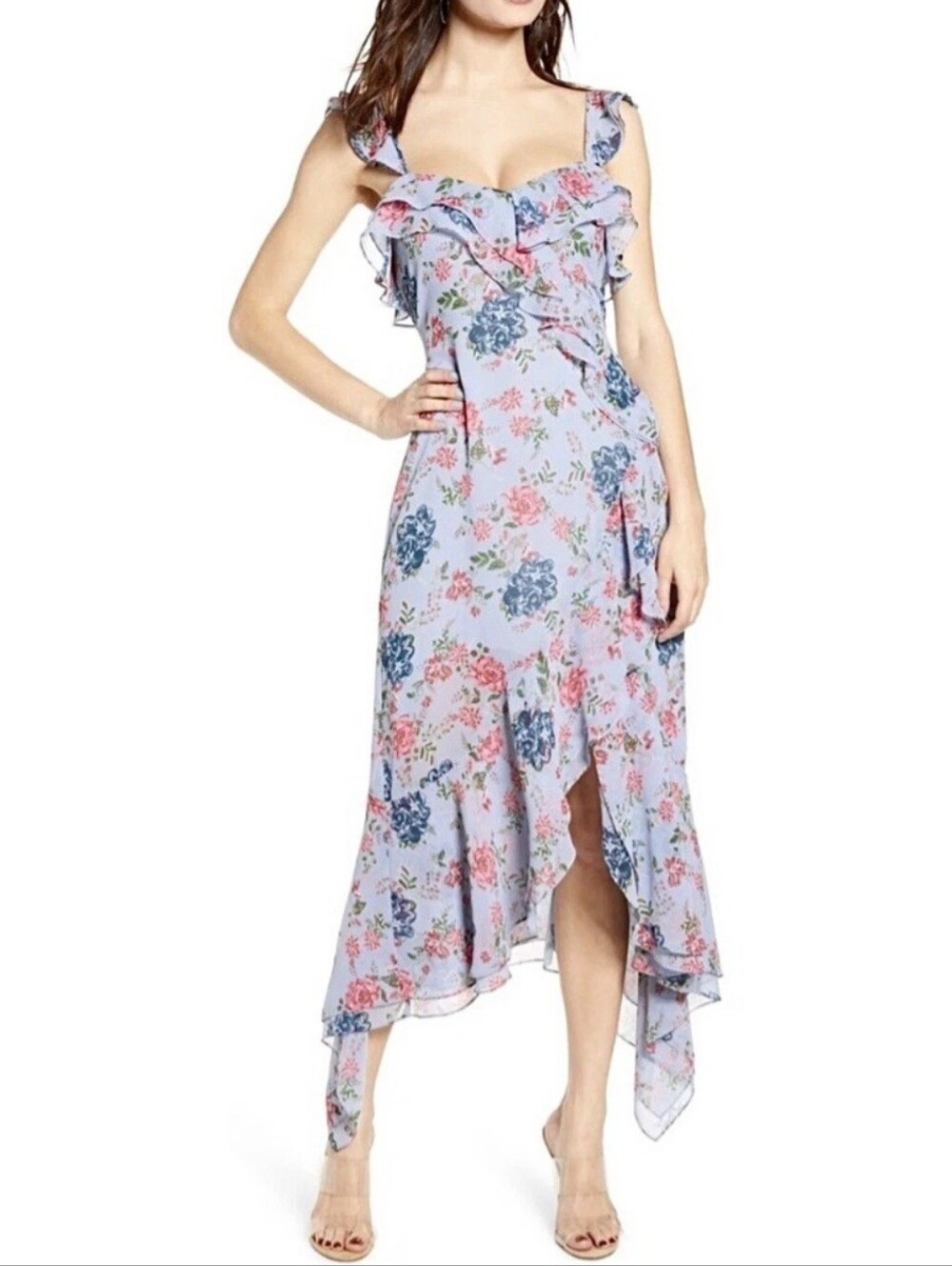 WAYF Ruffle Midi Dress features a light blue floral print NWT SIZE: M